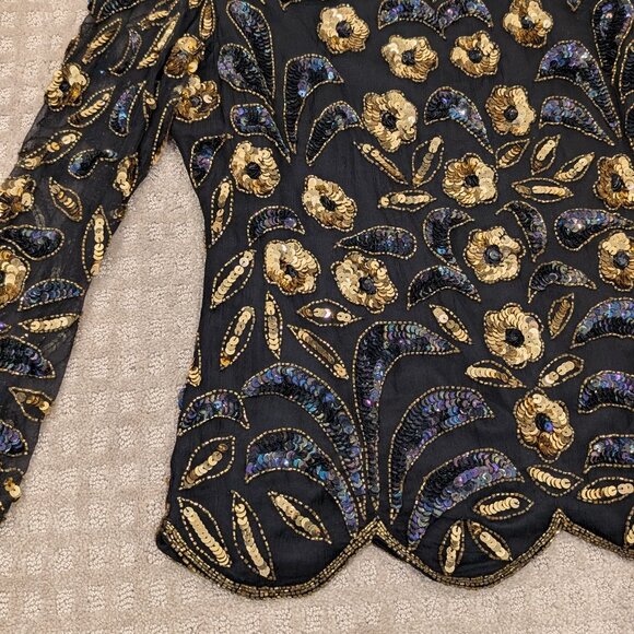 Silk Floral Beaded Sequined Blouse Black Gold - Women's sz S - Picture 2 of 11